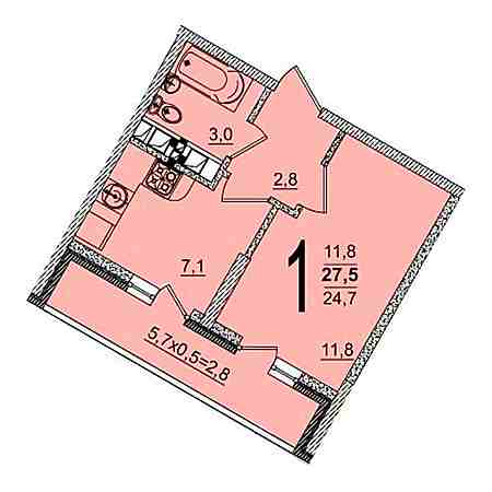 1 комнатная 27.5м²