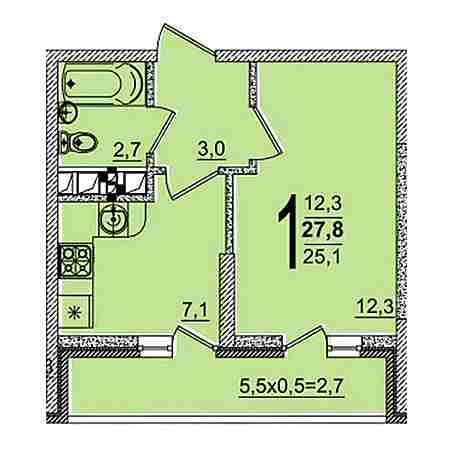 1 комнатная 27.8м²