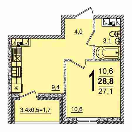 1 комнатная 28.8м²