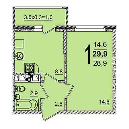 1 комнатная 29.9м²