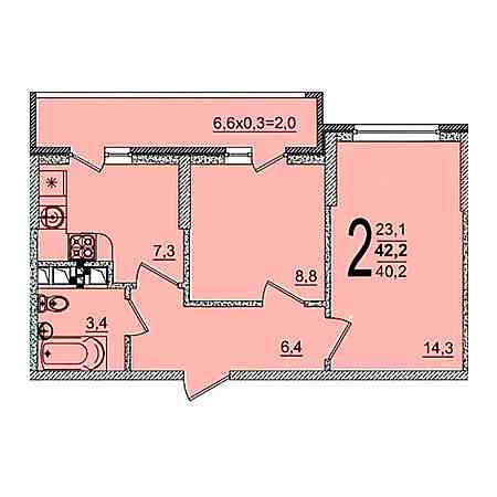 2 комнатная 42.2м²