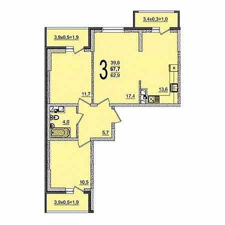 3 комнатная 67.7м²