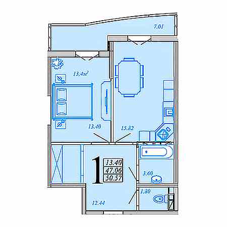 1 комнатная 50.57м²