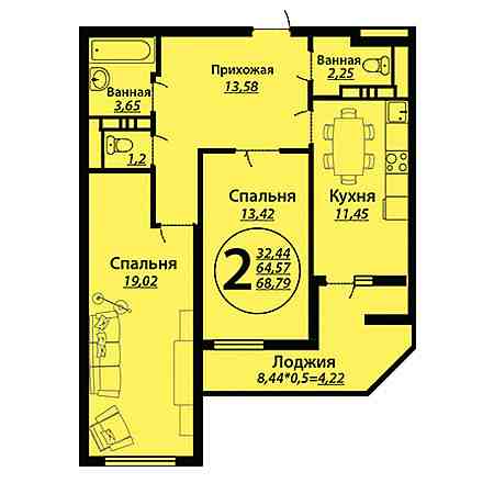 2 комнатная 68.79м²