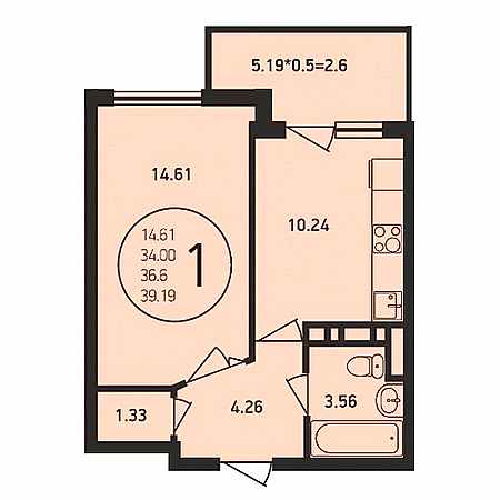 1 комнатная 39.19м²