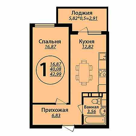 1 комнатная 42.99м²