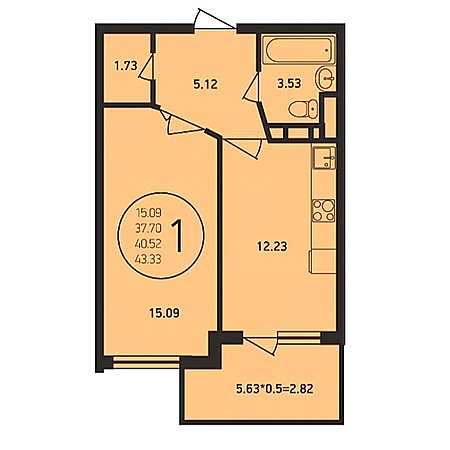 1 комнатная 43.33м²