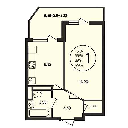 1 комнатная 44.04м²