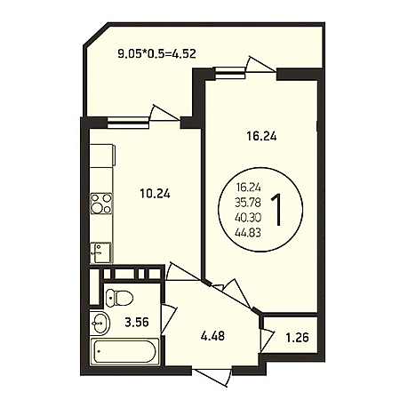 1 комнатная 44.83м²