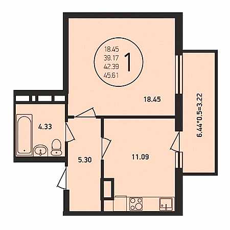 1 комнатная 45.61м²