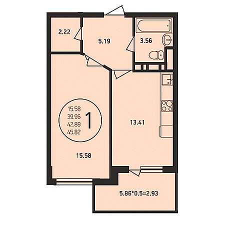 1 комнатная 45.82м²