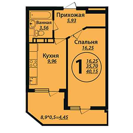 1 комнатная 40.15м²