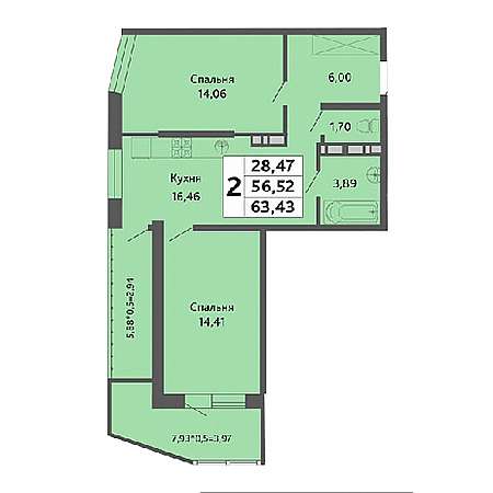 2 комнатная 63.43м²