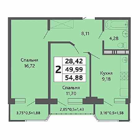 2 комнатная 54.88м²