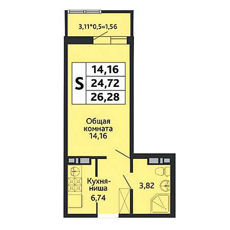 Студия 26.28м²