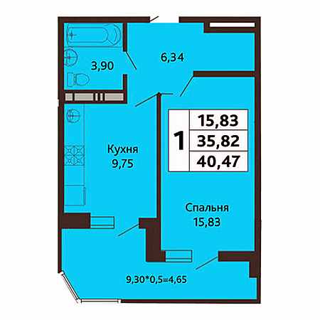 1 комнатная 40.47м²