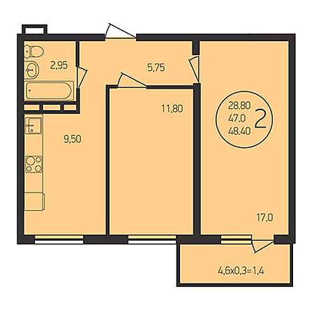 2 комнатная 48.4м²