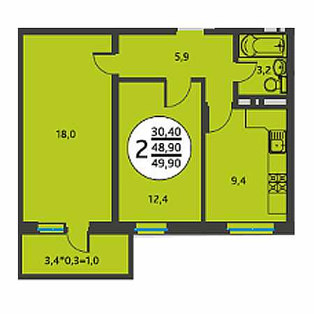 2 комнатная 49.9м²