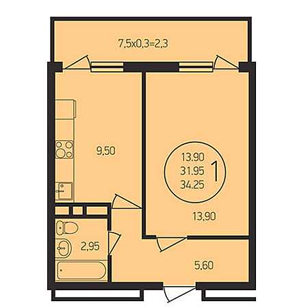 1 комнатная 34.25м²