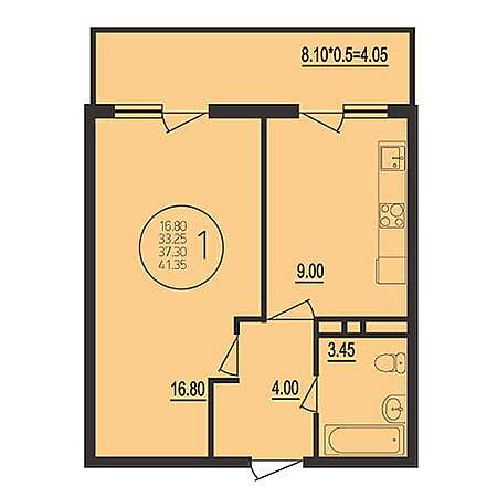 1 комнатная 41.35м²