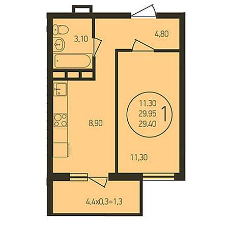 1 комнатная 29.4м²