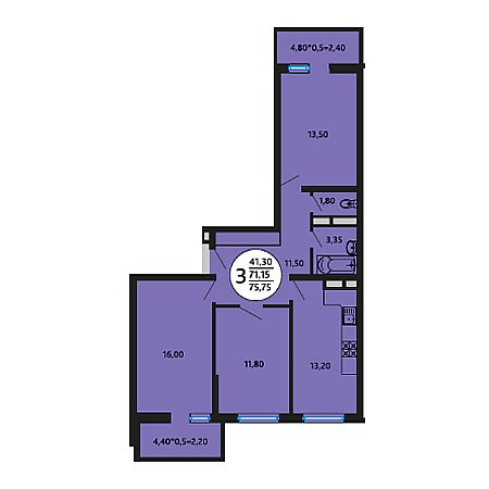 3 комнатная 75.75м²