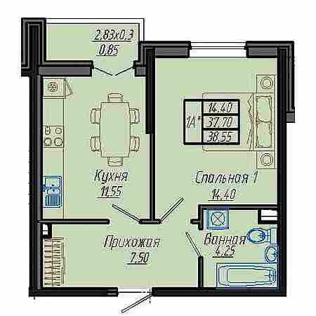 1 комнатная 38.55м²