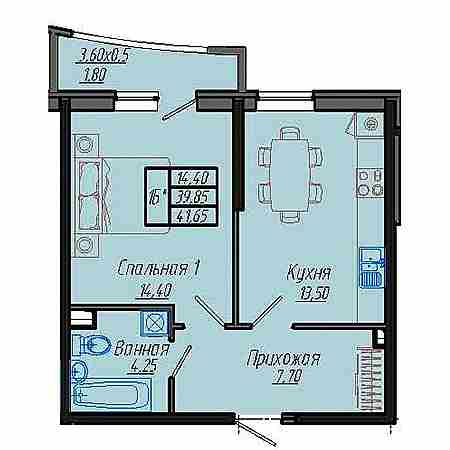 1 комнатная 41.65м²