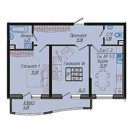 2 комнатная 65.35м²