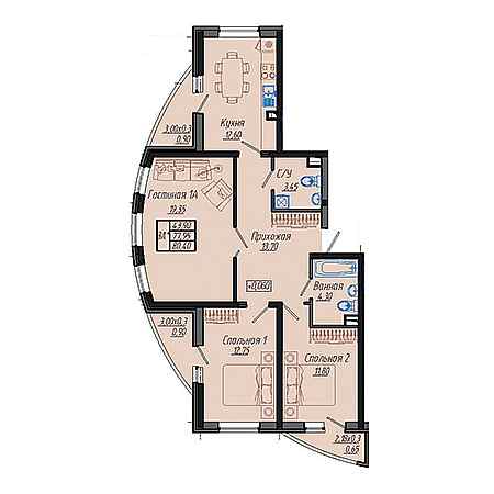 3 комнатная 80.4м²