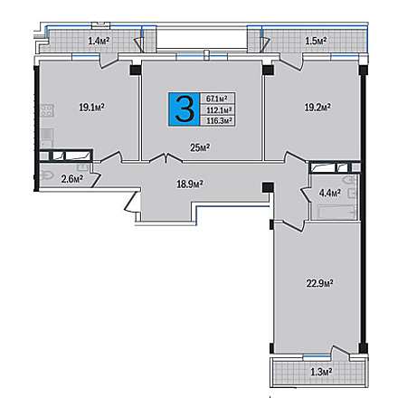 3 комнатная 116.3м²