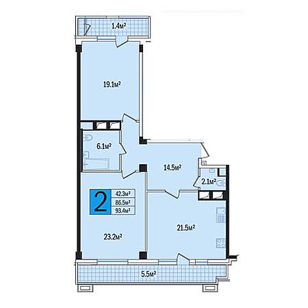 2 комнатная 93.4м²