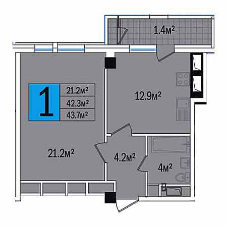 1 комнатная 43.7м²