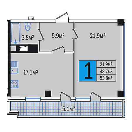 1 комнатная 53.8м²