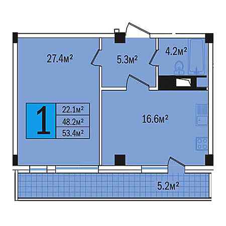 1 комнатная 53.4м²