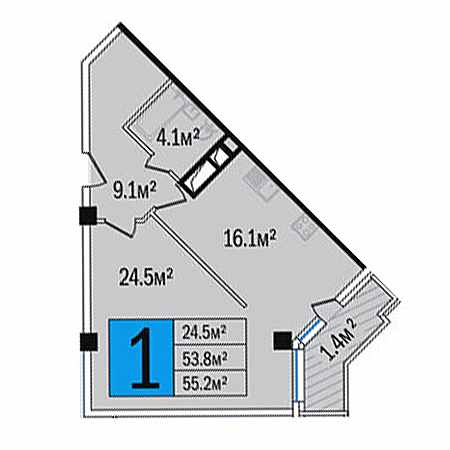 1 комнатная 55.9м²