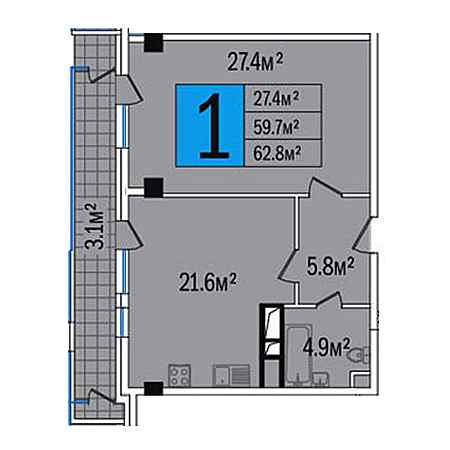 1 комнатная 62.8м²