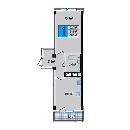 1 комнатная 56.9м²