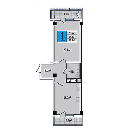 1 комнатная 58.5м²