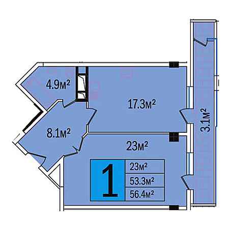 1 комнатная 56.4м²