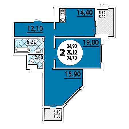 2 комнатная 74.7м²