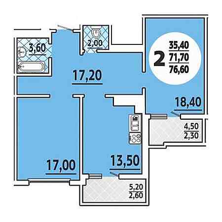 2 комнатная 76.6м²