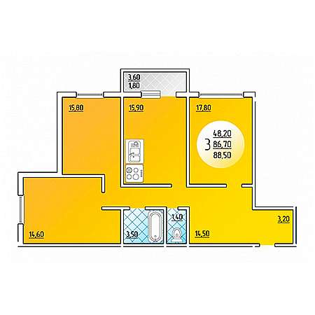 3 комнатная 88.5м²