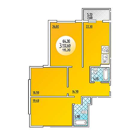 3 комнатная 115.2м²