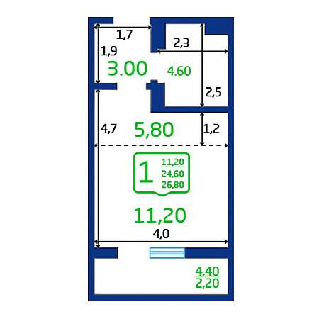 Студия 26.8м²