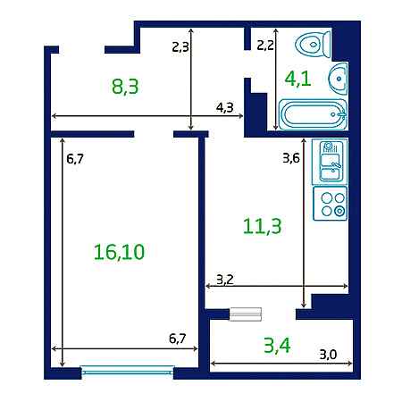 1 комнатная 41.5м²