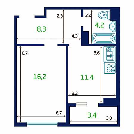 1 комнатная 41.8м²