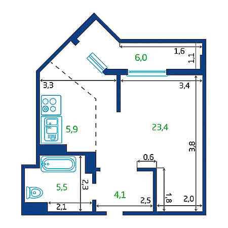 1 комнатная 41.9м²