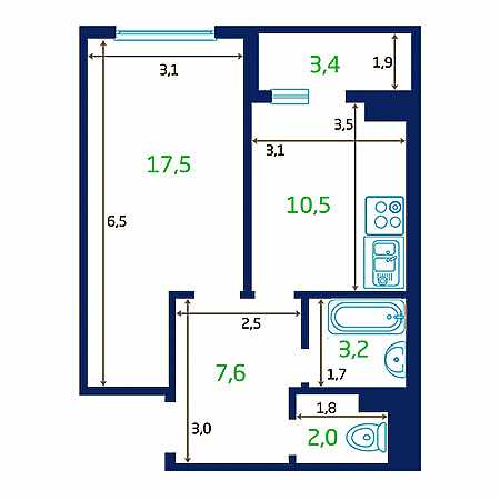 1 комнатная 42.3м²