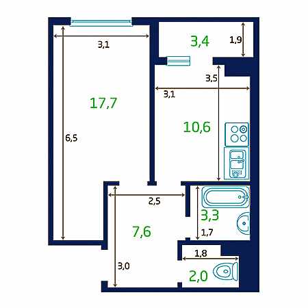 1 комнатная 42.9м²